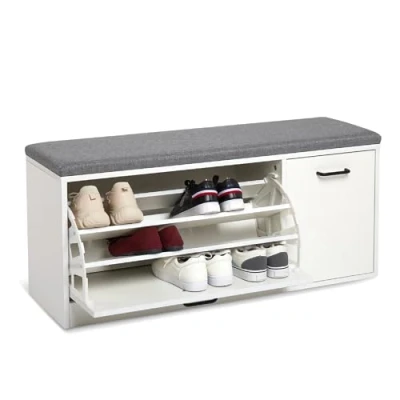 Abbildung von Mondeer Schuhbank, Schuhregal mit Sitzfläche Ablagebank Schuhablage aus Holz Geeignet für Flur und Eingang, 100 x 30 46 cm (Weiß)