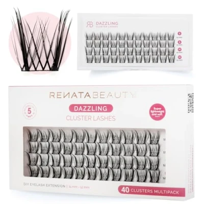 Abbildung von Renata Beauty Dazzling Cluster Wimpern 40er Multipack, 11mm und 12mm Längen, C Krümmung, Hoher Glamour Effekt, Wiederverwendbar, Einfache Anwendung, Perfekt für Dramatische Augen Make up Looks