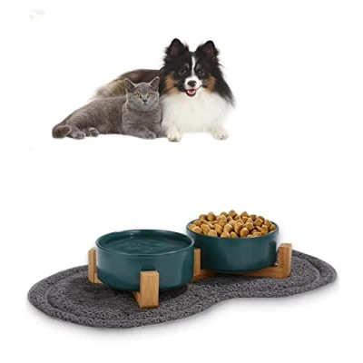 Abbildung von Futternapf Hund Keramik Katze Doppelt für Hunde und mit Bambus Ständer Rutschfester Unterlage (400ml, 2 Grün)