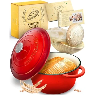Abbildung von Krustenzauber Brotbackform Gusseisen Topf Brot Backen [inkl. Gärkorb] , (Hochwertiger Emaille Topf), Idealer gusseiserner Brottopf zum Backen, Gusseisentopf Brotbacken