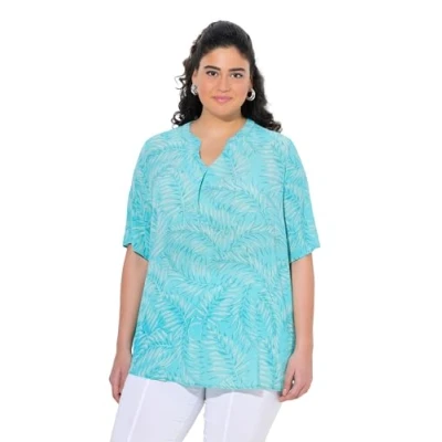 Abbildung von Ulla Popken PALM LEAF Short Sleeve Bluse, Damen, Größe: 58/60, Deep aqua