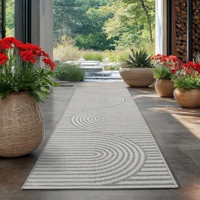 Abbildung von Carpetsale24 Outdoor Teppich Grau 80x250 cm Läufer, Wetterfest &amp; UV beständig, ideal für Küche, Balkon, Terrasse auch Wohnzimmer und Esszimmer, Skandinavisches Boho Design, Leicht zu Reinigen