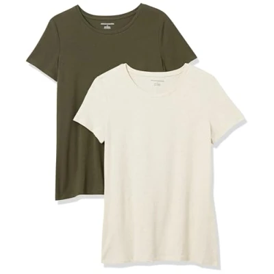 Abbildung von Amazon Essentials Damen Kurzärmeliges T Shirt mit Rundhalsausschnitt, Klassischer Schnitt, 2er Pack, Haferbeige Meliert/Olivgrün, XS
