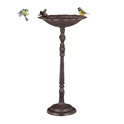 Abbildung von Relaxdays Vogeltränke Gusseisen Vogelbad mit Ständer, Wildvogeltränke für Garten, antikes Design,74,5cm hoch, Braun