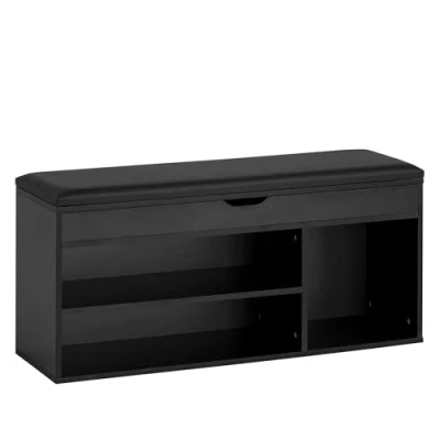Abbildung von FineBuy Schuhbank mit Sitzfläche Garderoben Bank 104x51x32 cm Kunstleder Schwarz, Holzbank Klein Gepolstert, Sitzbank Schmal Flur Stauraum, Truhenbank Schuhtruhe Flurmöbel
