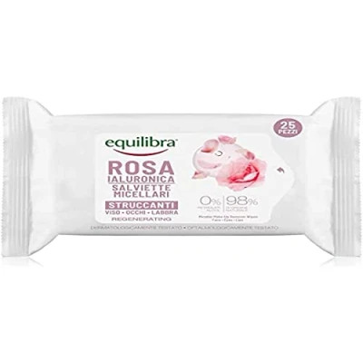 Abbildung von Equilibra Gesicht, Hyaluron Rose Micellar Abschminktücher aus Stoff mit fermentiertem Rosenwasser, Hyaluronsäure und pflanzlichem Glycerin, Make up Entferner Delikatesse, 25 Stück