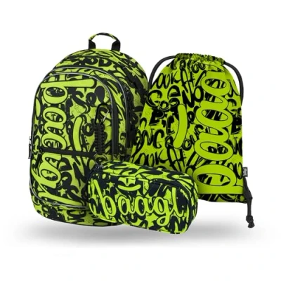 Abbildung von Baagl Schulrucksack Set Jungen 3 Teilig, Schultasche für Grundschule Volksschule, Ranzen mit Brustgurt, Ergonomischer Schulranzen (Lime)