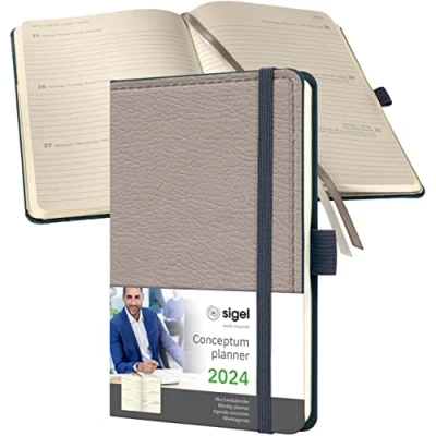 Abbildung von SIGEL C2454 Terminplaner Wochenkalender 2024, Lederoptik, ca. A6, beige, Hardcover, 176 Seiten, Gummiband, Stiftschlaufe, Archivtasche, PEFC zertifiziert, Conceptum