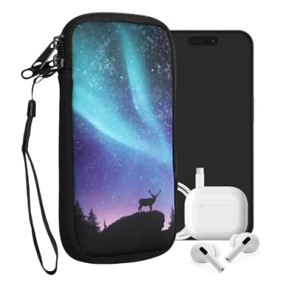 Abbildung von kwmobile Handytasche für Smartphones XXL 7&quot; Neopren Handy Tasche Hülle Cover Case Schutzhülle Polarlicht Hirsche Türkis Blau Schwarz 17,7 x 8,5 cm Innenmaße