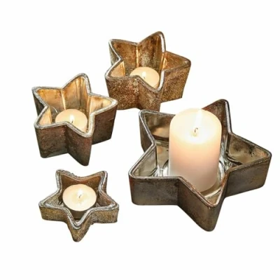 Abbildung von Loberon Windlicht 4er Set Thervel, Verschiedene Größen, Sternförmiges Design, Mundgeblasen, Nostalgischer Charme, Adventskranz, Weihnachtliche Deko, Glas, antikgold/grau