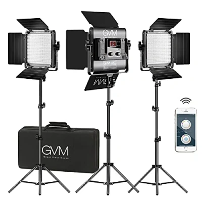 Abbildung von GVM 480 LED Videoleuchte mit Stativ, 13000Lux/0,5m Fotografie licht APP Steuerung, Zweifarbig 2300K6800K Studio Dauerlicht für Foto Video YouTube Fotostudio Set, Videolicht (3 Pack)