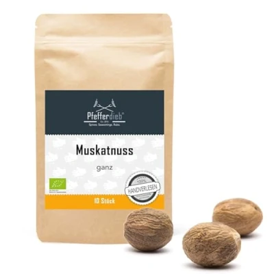 Abbildung von Muskatnuss ganz, Muskat BIO, handverlesen, A Qualität erntefrisch aus Sri Lanka, laborgeprüft 10 Stück Pfefferdieb®