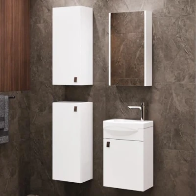 Abbildung von Planetmöbel Badset komplett aus Unterschrank 40cm mit Waschbecken, Spiegelschrank und 2X Midischrank in Weiß, Komplettset für Badezimmer 5 teilig