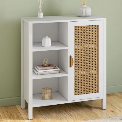 Abbildung von Beistellbuffet mit 3 Regalen und Schrank 70 cm weiß Rohrgeflecht IDMarket