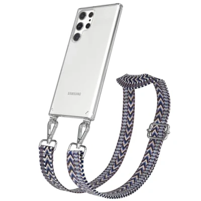 Abbildung von EAZY CASE Handykette Flexibler Trageriemen kompatibel mit Samsung Galaxy S22 Ultra, Schultergurt zum Umhängen, Riemen, Band austauschen, Wechselgurt, Blau/Weiß Metall Silber