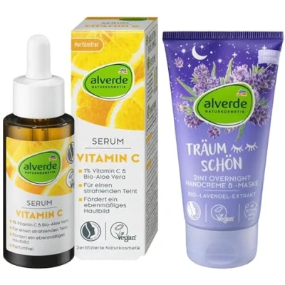 Abbildung von alverde NATURKOSMETIK 2er Set Hautpflege: SERUM Vitamin C für ebenmäßiges geglättetes Hautgefühl (30 ml) + TRÄUM SCHÖN 2in1 OVERNIGHT HANDCREME &amp; Handmaske Lavendel trockene Hände (75 ml), 105 ml