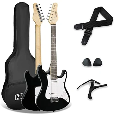 Abbildung von 3rd Avenue XF 3/4 Größe Kids Junior E Gitarre Starter Einsteigerpaket Mit Tasche, Gurt, Plektren Und Kapodaster Schwarz