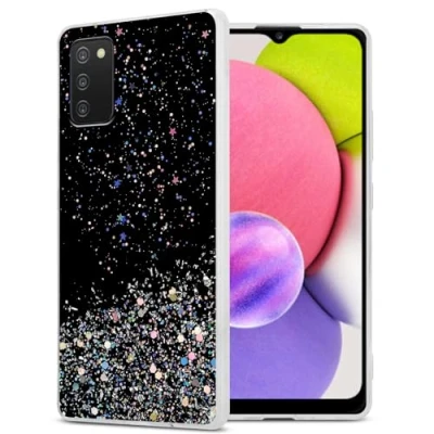 Abbildung von Cadorabo Hülle kompatibel mit Samsung Galaxy A03s Rundumschutz TPU Silikon Case Mädchen Glitzer Strass Design Slim Kratzfest Weiche Gummi Bling Schutzhülle für in Schwarz