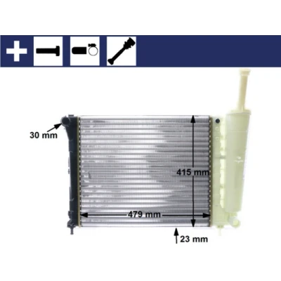 Abbildung von MAHLE ORIGINAL CR 1859 000S Kühler, Motorkühlung 479 415 23 mit Zubehör Gummitülle, Schraube Kühlrippen mechanisch gefügt FIAT: 500 Schrägheck