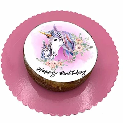 Abbildung von Essbarer Tortenaufleger Einhorn Happy Birthday mit Servierplatte // Tortendekoration