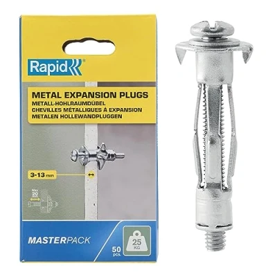 Abbildung von Rapid Hohlraumdübel Metall mit M4 Schraube für einlagige Gipskartonplatten und Gipsfaserplatten (3 13mm), Tragfähigkeit 25 kg, 50 Stück
