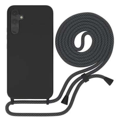 Abbildung von EAZY CASE Premium Silikon Handykette kompatibel mit Samsung Galaxy A34 Handyhülle Kette und Kameraschutz, weich TPU Hülle in Schwarz Kordel Anthrazit Clips Black