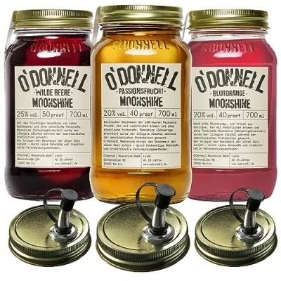 Abbildung von O&#039;Donnell Moonshine Geschenkset Geschenkbox Premium Likör nach amerikanischer Tradition 3 x 700ml Natürliche Zutaten Vegan mit Ausgießer (Passionsfrucht/Blutorange/Wilde Beere)