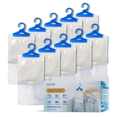 Abbildung von MAVORI 10er Set XL Luftentfeuchter zum Aufhängen I Beutel Entfeuchter Schrank und Feuchtigkeitsabsorber für Räume gegen Feuchtigkeit, Schimmel Gerüche bis zu 500ml je