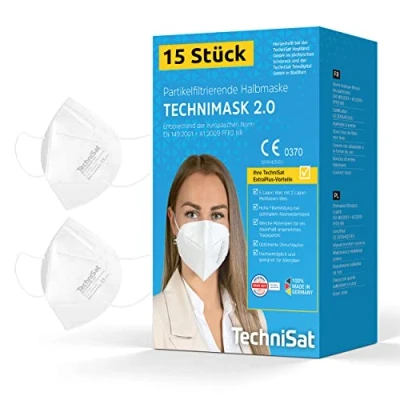 Abbildung von TechniSat TECHNIMASK 2.0 FFP2 Maske (5 lagige Gesichtsmaske mit hochwertigem Vlies, Mund und Nasen Bedeckung, dermatologisch getestet, Made in Germany) Farbe weiß 15 Stück…
