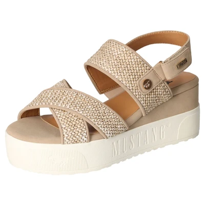 Abbildung von Mustang Shoes Sandalette, Sommerschuh, Sandale, Keilabsatz mit hellem Plateau