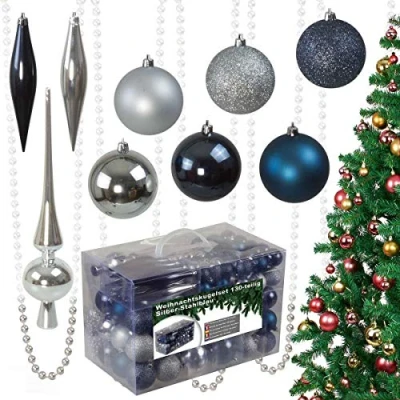 Abbildung von 130 teiliges Weihnachtskugeln Set aus Kunststoff Christbaumschmuck Baumschmuck in Glänzend Glitzernd Matt, Silber/stahlblau