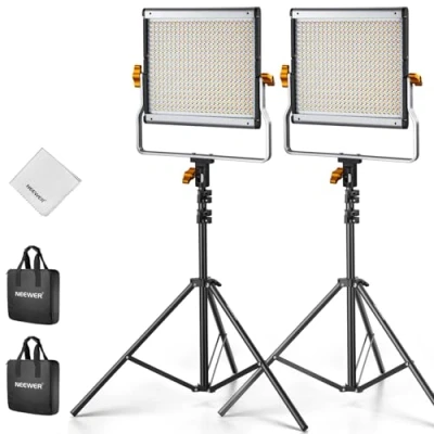 Abbildung von NEEWER Videolicht Set, 2er Pack, dimmbare Bi Color 480 LED Videoleuchte Panel mit zwei 190cm Stativ U Halterung, 3200K 5600K CRI96+ Studio Beleuchtung für YouTube Fotografie Streaming Key Lighting