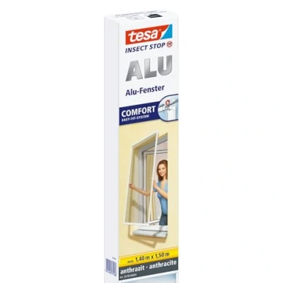 Abbildung von tesa Insect Stop ALU Comfort Fliegengitter für Fenster Insektenschutz mit Rahmen aus Aluminium Fliegen Netz ohne Bohren Anthrazit, 140 cm x 150