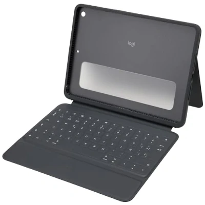 Abbildung von Logitech Rugged Folio für iPad (7., 8. und 9. Generation) Schutzcase mit Smart Connector strapazierfähiger, Italienisches QWERTY Layout Schwarz
