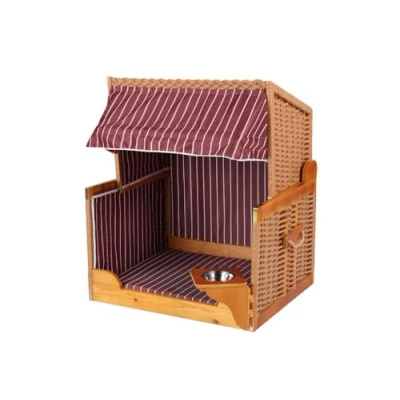 Abbildung von Woodtex Hundestrandkorb Kieferholz Hundehütte beige inkl. Schützhülle schwenkbarer Wasser /FutternapfSonnenschutz Hunde und KatzenRattan Braun mit Rot weißen Nadelstreifen