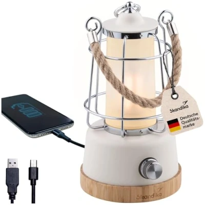 Abbildung von Skandika LED Gartenleuchte Campinglampe Kiruna aufladbar mit Powerbank 5000 mAh, USB, Retro Outdoor Lampe, stufenlos dimmbar, kabellos, 75h Leuchtzeit, Akku