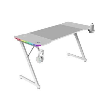 Abbildung von MARSGAMING MGD X140RGB, Ergonomischer Gaming Tisch, ARGB Beleuchtung mit Fernbedienung, Carbonfaser, XXL Mauspad, Kopfhörer und Getränkehalter, Kabelmanagement, Schreibtisch 140x60cm, Weiß