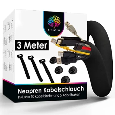 Abbildung von OfficeTree Neopren Kabelschlauch 3m inkl. 10x Klettkabelbinder und 5X Selbstklebende Kabelhalter Kabelkanal für Kabelmanagement im Gaming Setup Büro oder TV Cable Management Sleeve