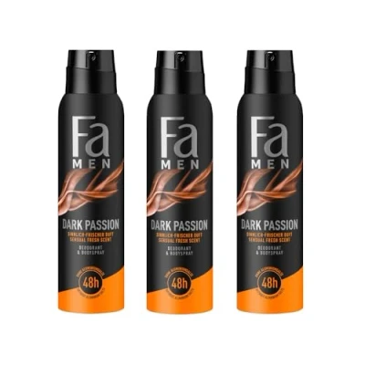 Abbildung von Fa Men Deodorant &amp; Bodyspray Dark Passion (3x 150 ml), Deospray mit sinnlich frischem Duft, Deo ohne Aluminium für bis zu 48 h Schutz, hinterlässt keine Rückstände