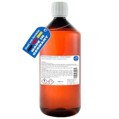 Abbildung von Wasserstoffperoxid 9% FOOD GRADE I 1 Liter MHD 12 Monate stabilisiert Herrlan Made in Germany