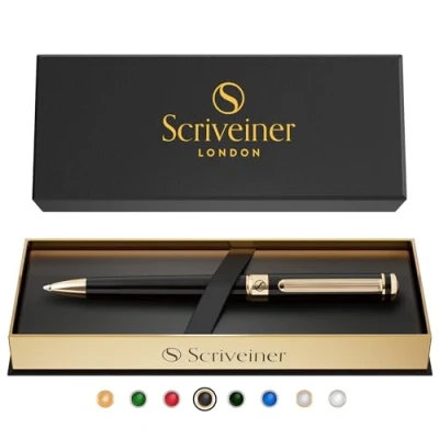 Abbildung von Scriveiner Kugelschreiber Hochwertiger Metallic Schwarz mit 24 Karat Gold Details, schwarze Schmidt Mine, Geschenkbox, Büro set, Schöne Professionelle