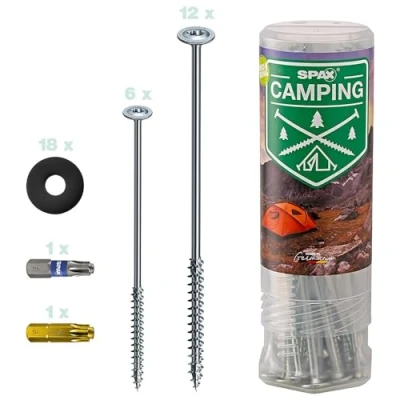 Abbildung von SPAX Zeltschrauben Camping Komplettset, Universal Schraubheringe 18 Stück in Zwei Längen mit 2 Bits &amp; Kunststoff Unterlegscheiben für Zeltbefestigung, Outdoor 4000009100019