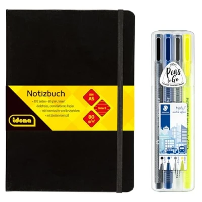 Abbildung von Idena 90333 Notizbuch DIN A5 mit 192 Seiten, liniert, inkl. STAEDTLER Triplus Mobile Office Set Fineliner, Kugelschreiber, Druckbleistift und Textmarker
