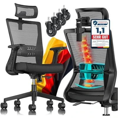Abbildung von KESSER® Bürostuhl Ergonomisch mit verstellbaren Armlehnen Drehstuhl Lendenwirbelstütze Rückenschonend Schreibtischstuhl Kopfstütze Office Chair Wippfunktion bis 125 5X Gummirollen