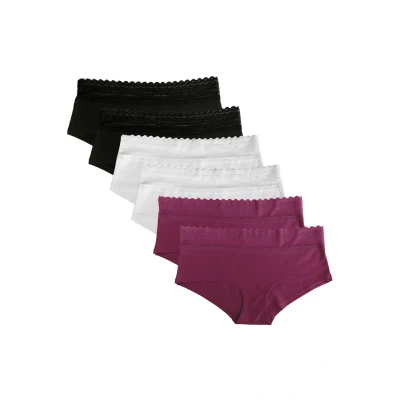 Abbildung von Fabio Farini 6ER SET Cotton Hipster MIT Breitem Spitzenbund Niedrige LEIBHÖHE Panties, Damen, Größe: 36, Schwarz/weiß/beere