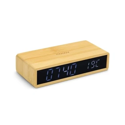 Abbildung von Mooov Wecker Bamboo mit LED Display, schwarz, Innentemperatur, Helligkeit verstellbar, 3 Alarme