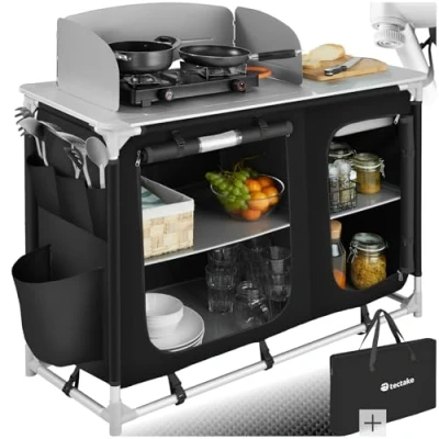 Abbildung von tectake® Faltbare Camping Küche, Reiseküche, Campingtisch mit Spülbecken und Windschutz, Zubehör Küchenschrank, Outdoorküche für Wohnwagen, Vorzelt, Auto Camping, Tragetasche schwarz
