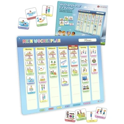 Abbildung von Likarto Magnettafel Magnetischer Wochenplaner für Kinder Montessori Planer Mit 198 Magnete, Kordel Komplett beschreib und abwischbar