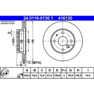 Abbildung von ATE 24.0116 0130.1 Bremsscheibe 234,0 16,0 4 100 Belüftet beschichtet DAIHATSU: Cuore 7, 6, Sirion II, SUBARU: JUSTY