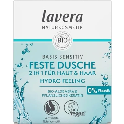 Abbildung von lavera Feste Dusche 2 in 1 basis sensitiv Hydro Feeling mit Bio Aloe Vera und pflanzlichem Keratin reinigt ohne auszutrocknen 3x ergiebiger als flüssiges Duschgel Naturkosmetik Stk / 50g